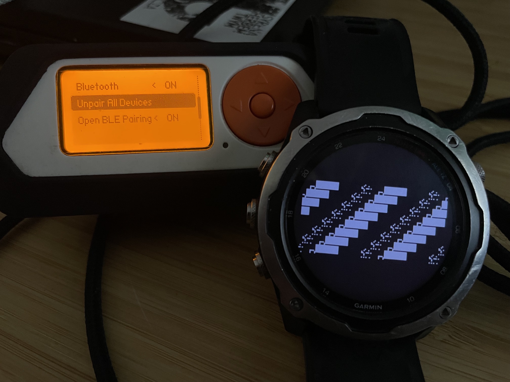 Garmin watch showing diagonal shearing artifacts next to the Flipper Zero