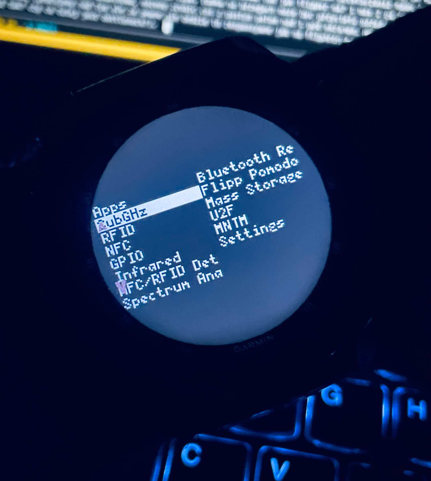 First successful render of the Flipper menu on the Garmin watch, around 2AM