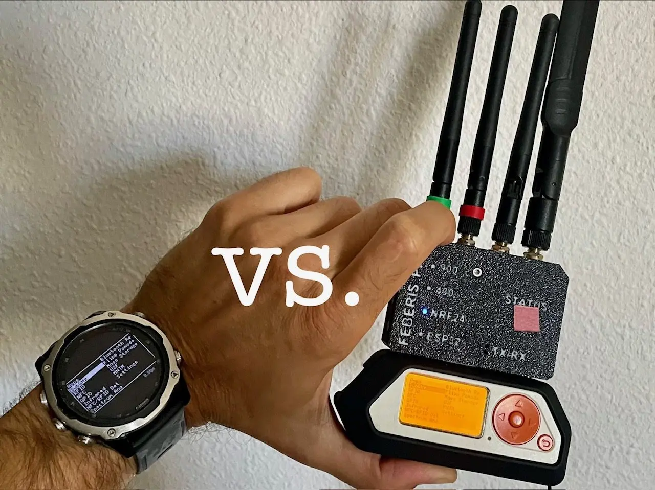 Garmin showing the Flipper menu on the wrist, a Flipper Zero with an antenna beside it